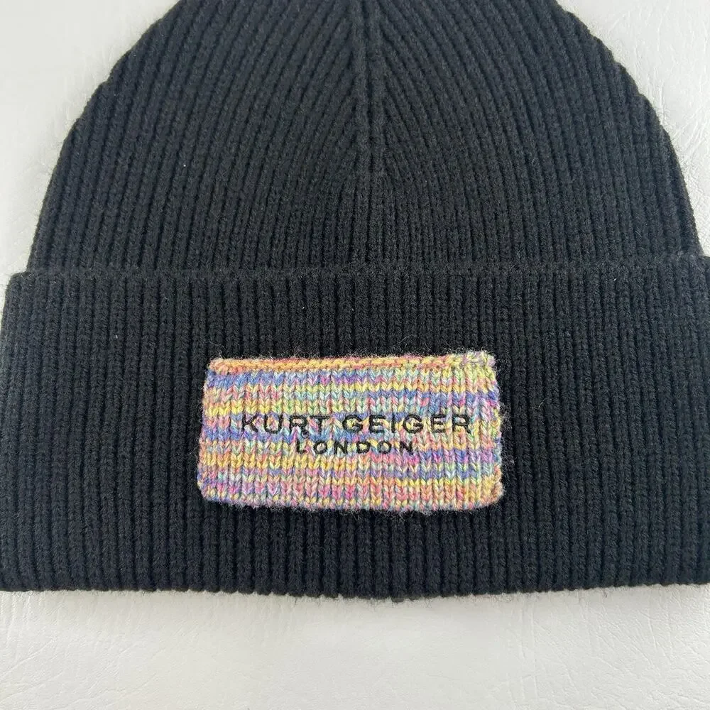 Kurt Geiger London Black Ribbed Knit Beanie Multicolor Logo Patch Cuffed Hat